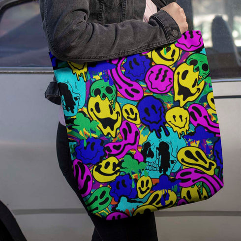 Melted Neon Smiley Print Tote Bag in Blue